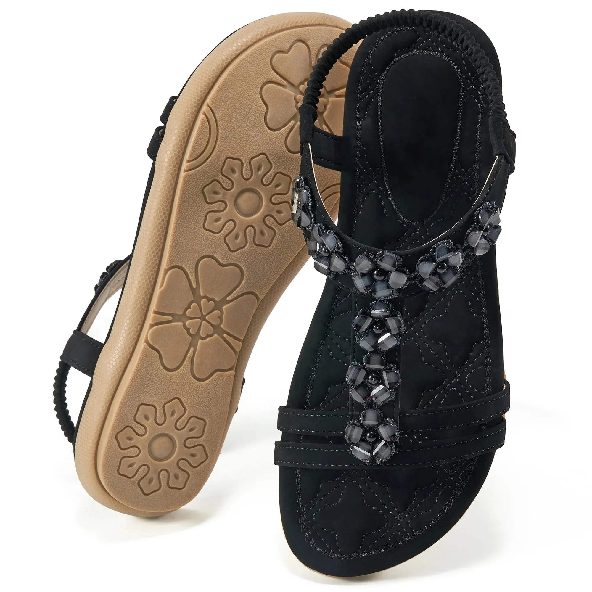 Harenc Womens Flats Sandals for Women Casual Summer Beaded Bohemian Comfortable Beach Shoes