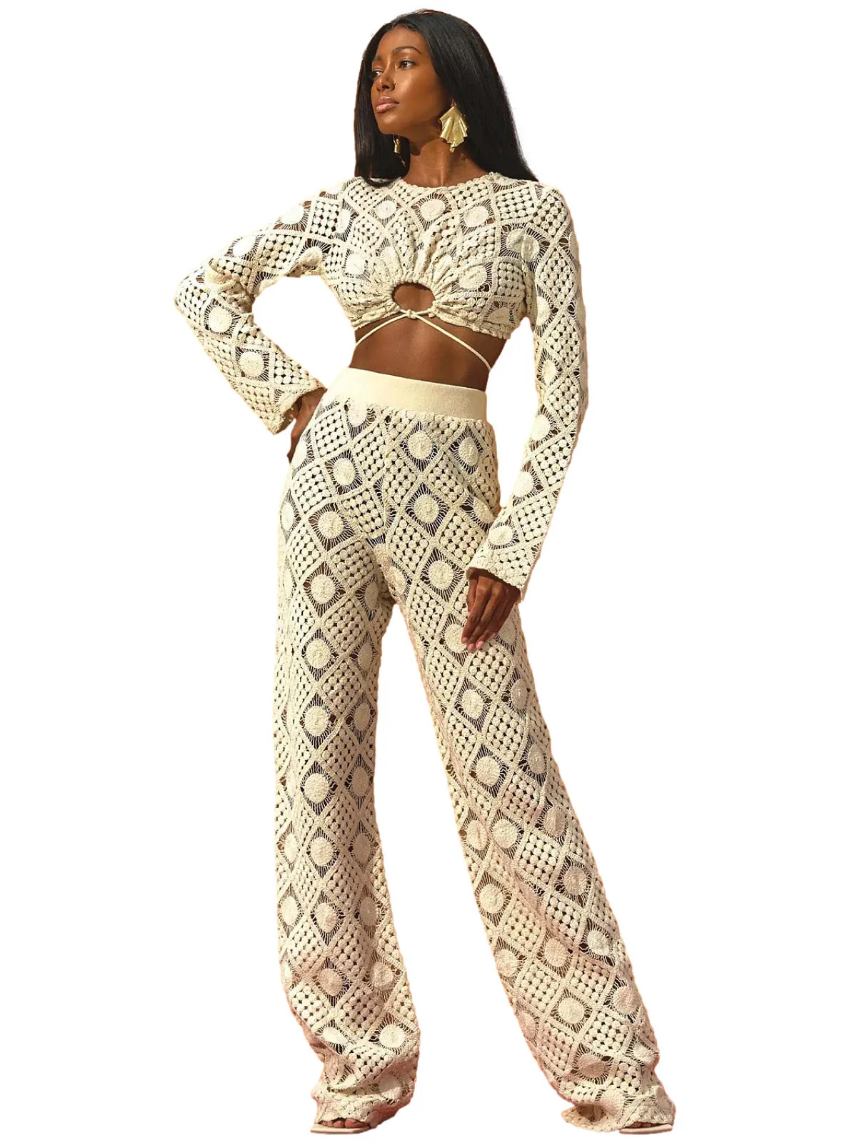 Hira Key Hole Crochet Crop-Hira High Rise Crochet Pants ::RET
