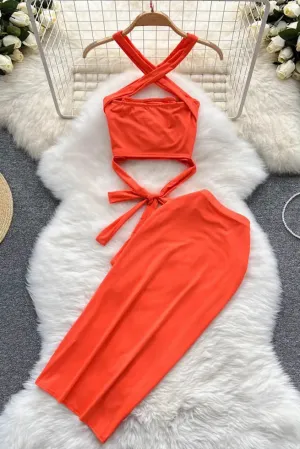 Holiday Beach Two Piece Suits Set Bandage Short Tops   Skinny High Waist Wrap Skirts