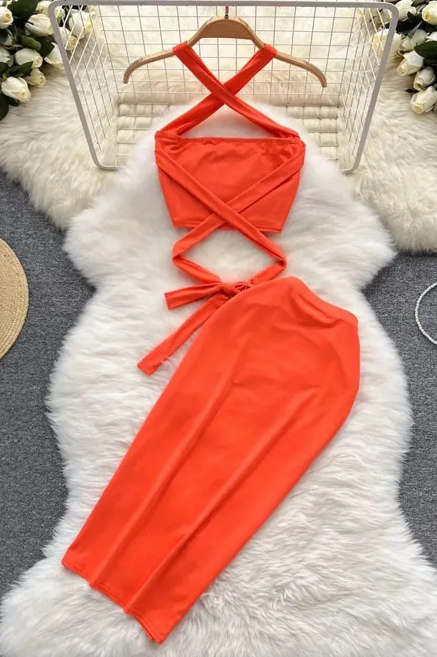 Holiday Beach Two Piece Suits Set Bandage Short Tops   Skinny High Waist Wrap Skirts