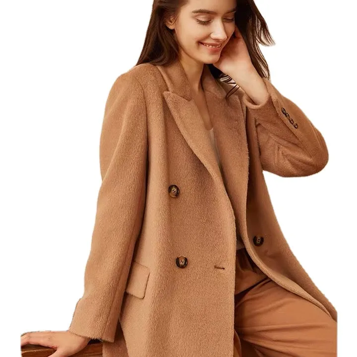 Hot selling customized design ladies winter and autumn double breasted cashmere wool alpaca Coat women