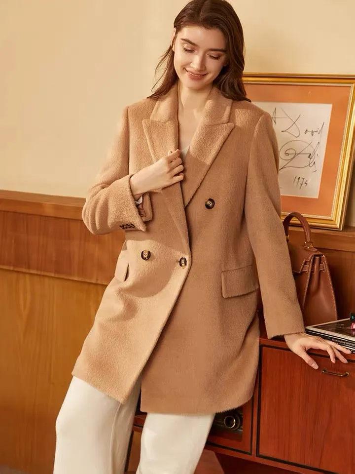 Hot selling customized design ladies winter and autumn double breasted cashmere wool alpaca Coat women