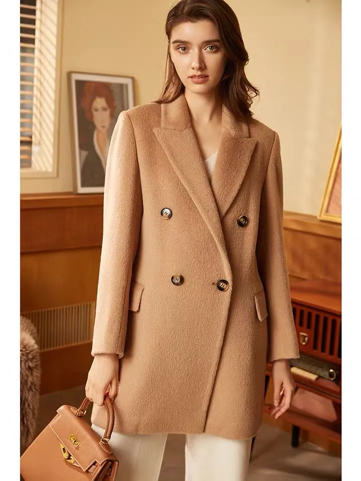 Hot selling customized design ladies winter and autumn double breasted cashmere wool alpaca Coat women