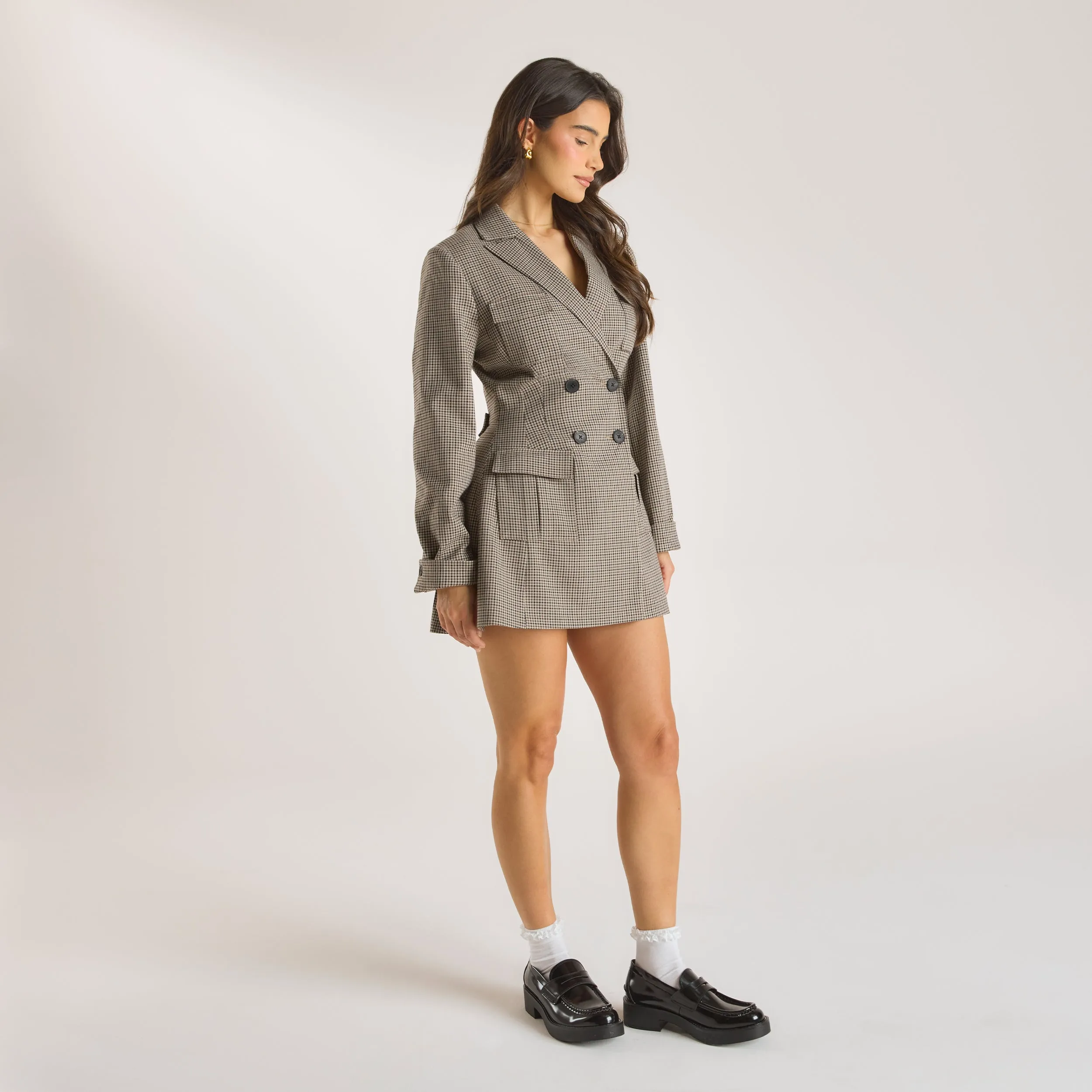 Houndstooth Blazer Dress - Brown