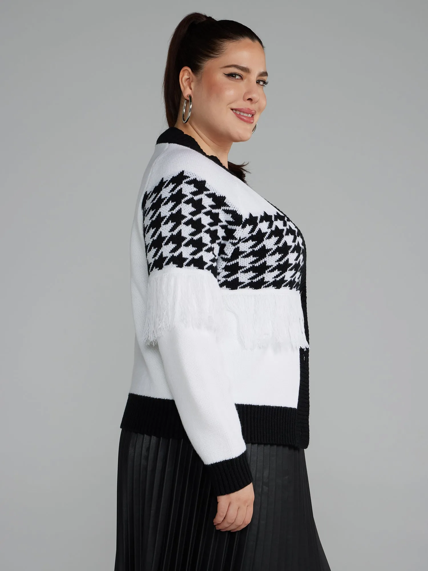 Houndstooth Fringe Detail Cardigan