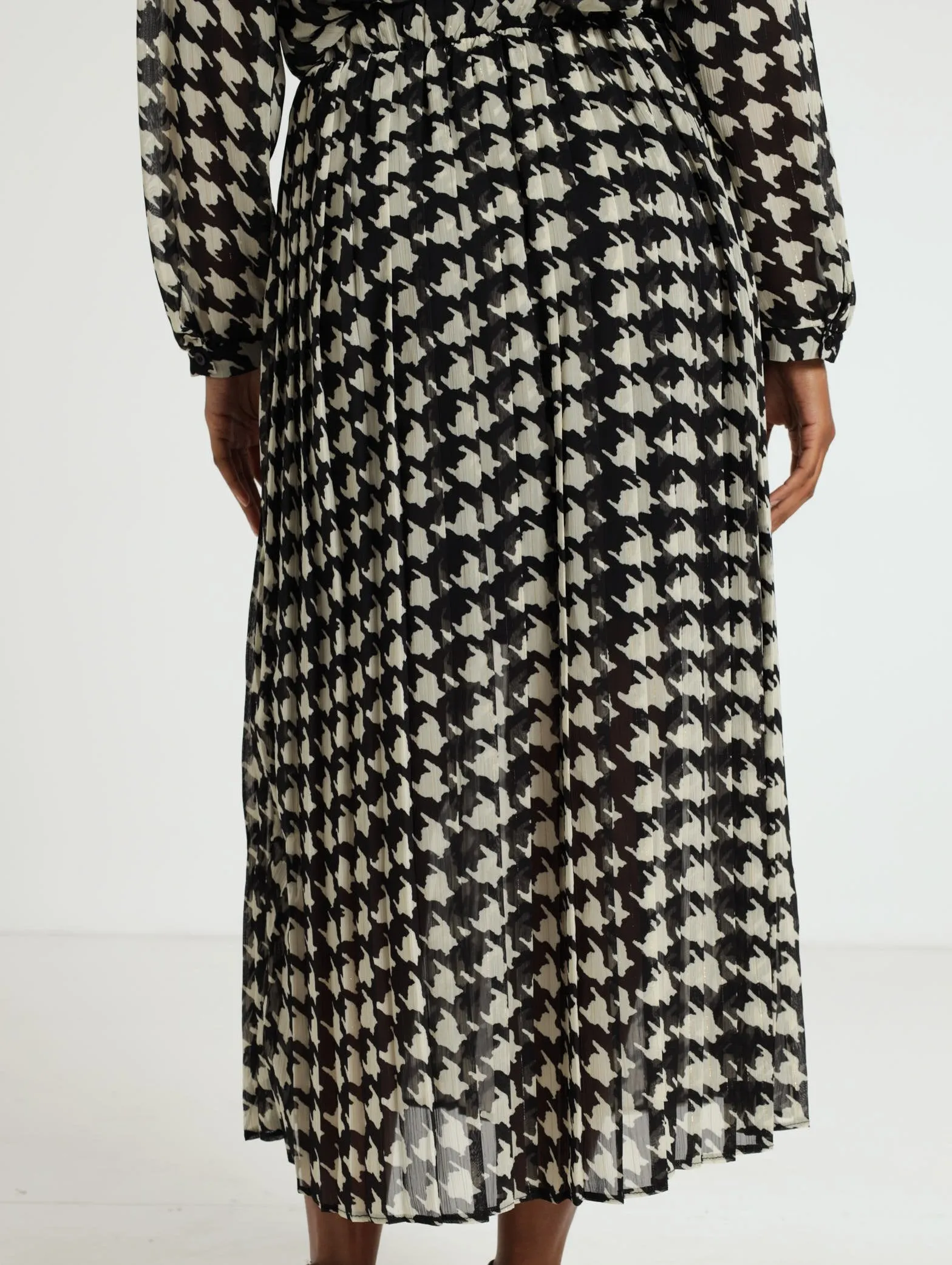 Houndstooth Lurex Pleated Skirt - Black/White
