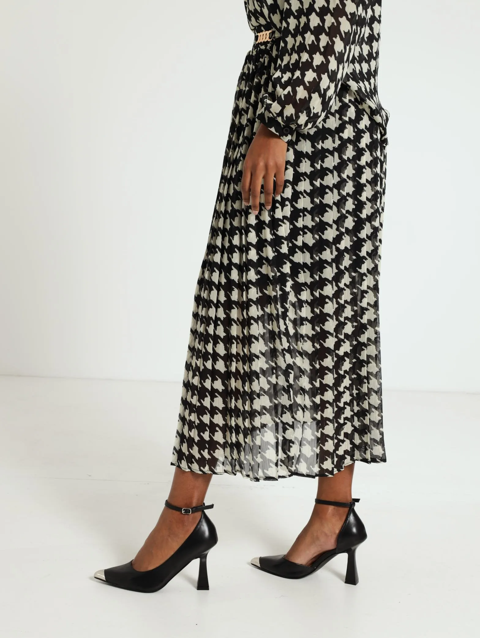 Houndstooth Lurex Pleated Skirt - Black/White
