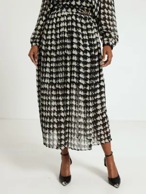 Houndstooth Lurex Pleated Skirt - Black/White