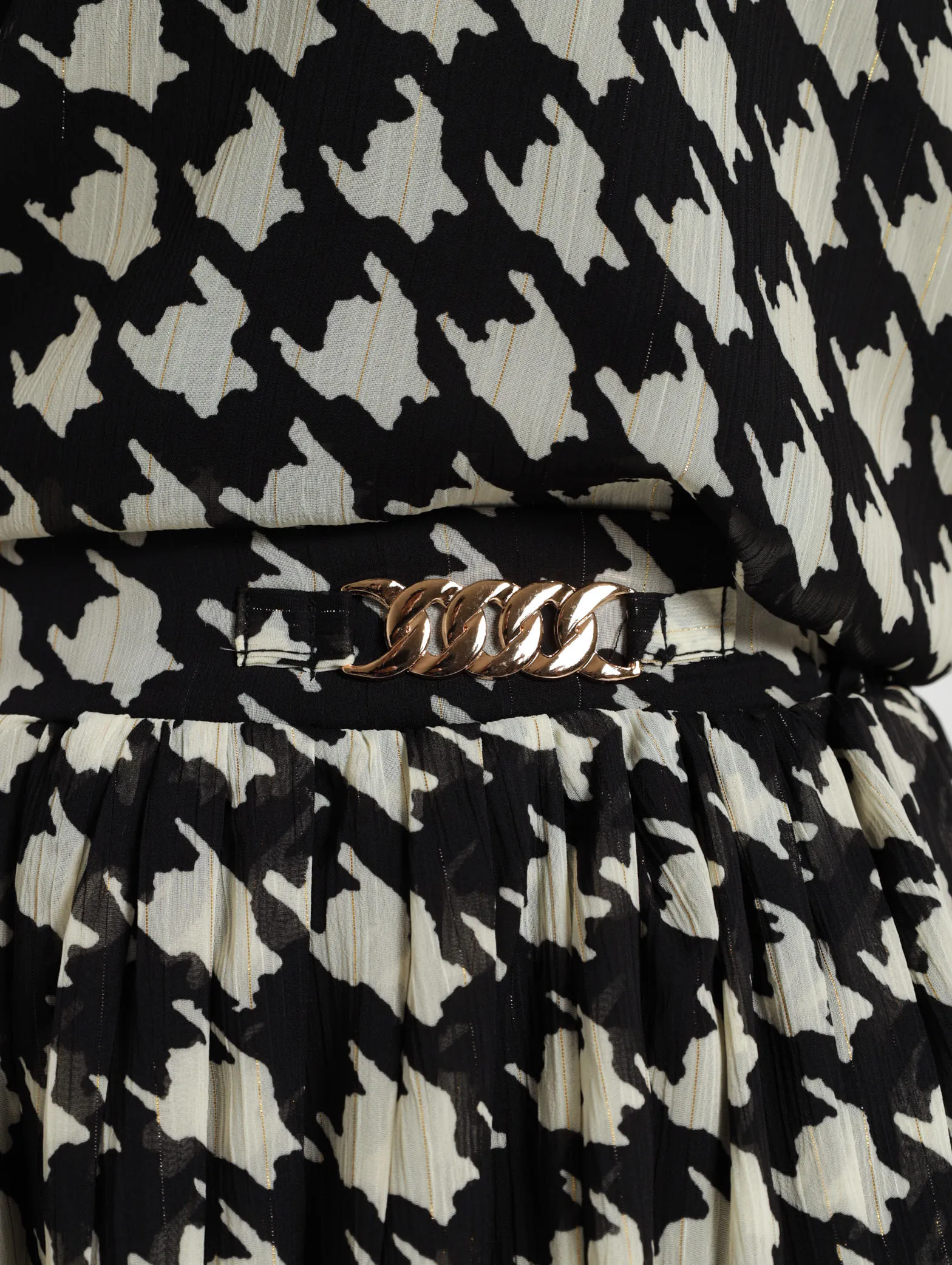 Houndstooth Lurex Pleated Skirt - Black/White