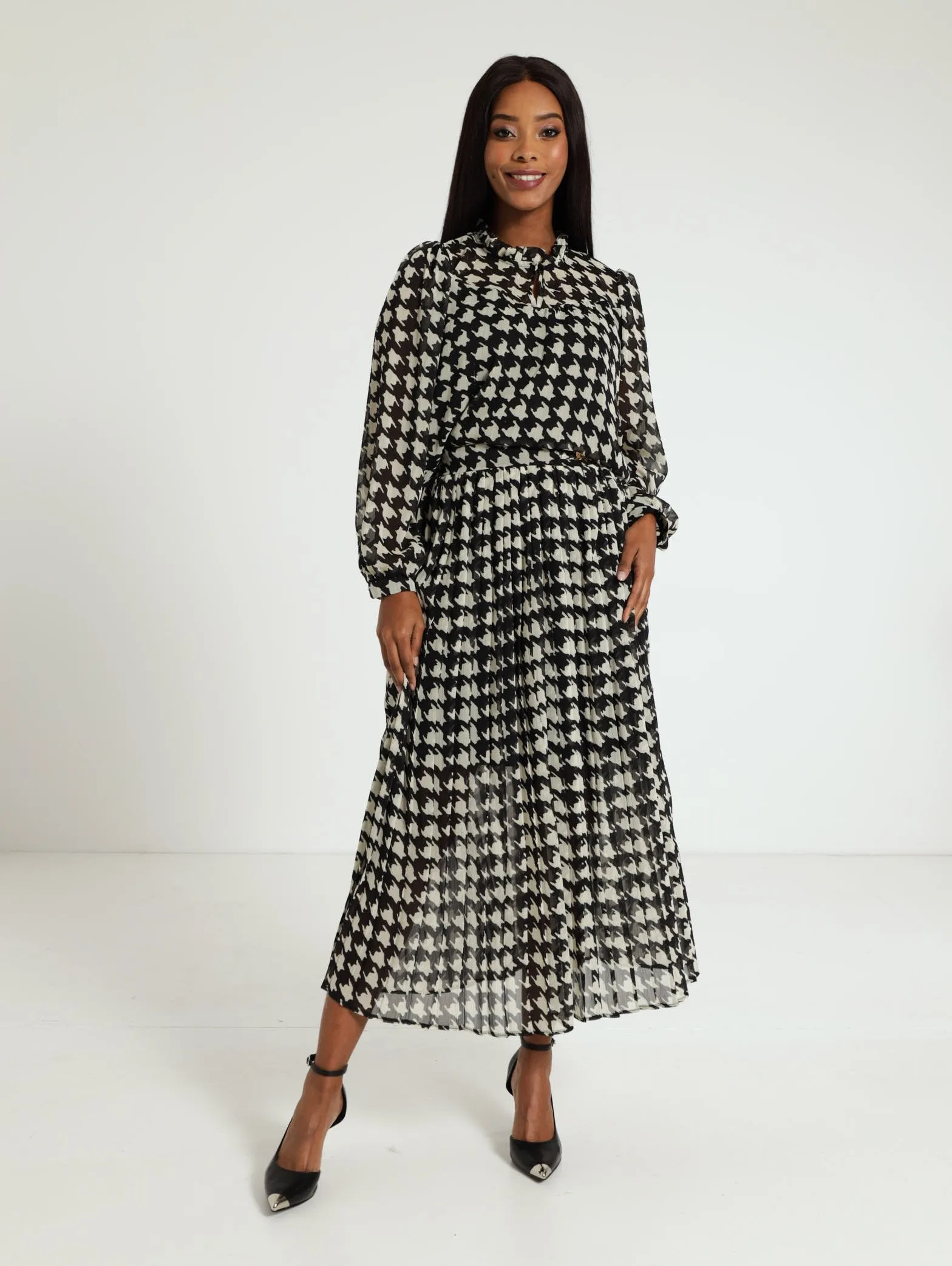 Houndstooth Lurex Pleated Skirt - Black/White