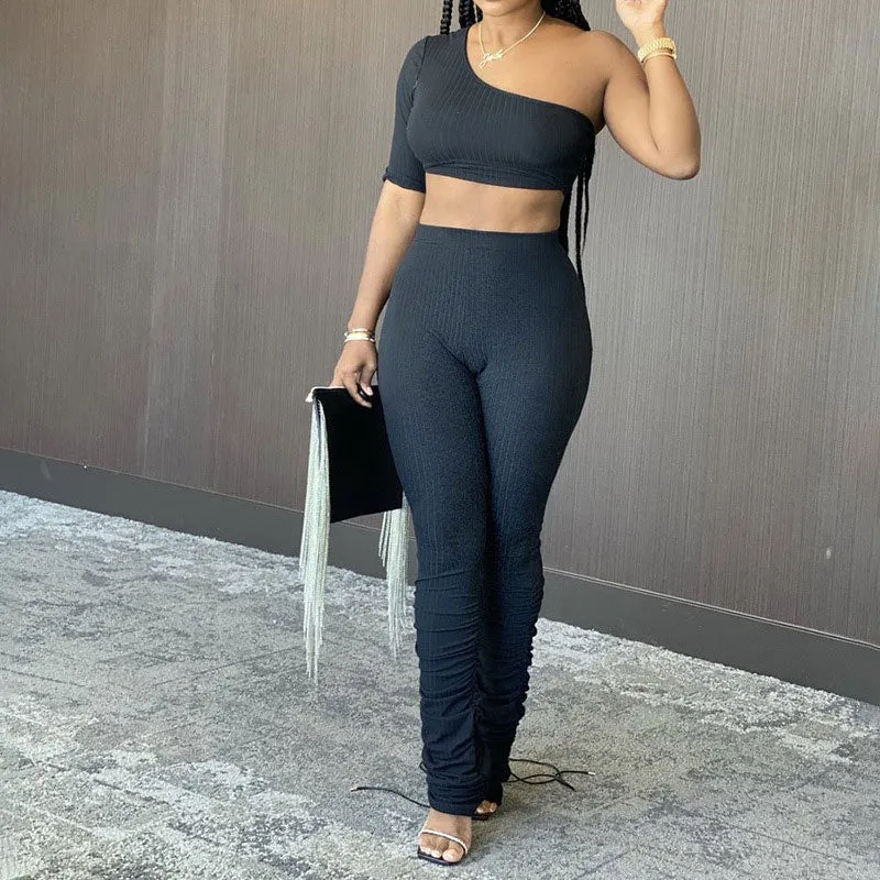 Irregular Cold Shoulder High Waist Suit Set