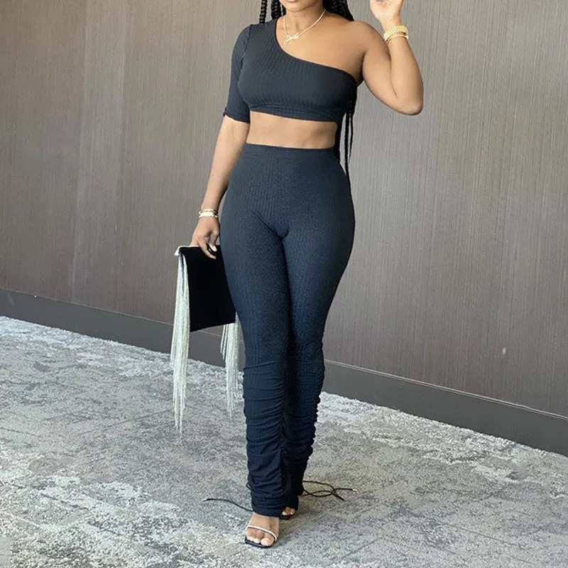 Irregular Cold Shoulder High Waist Suit Set