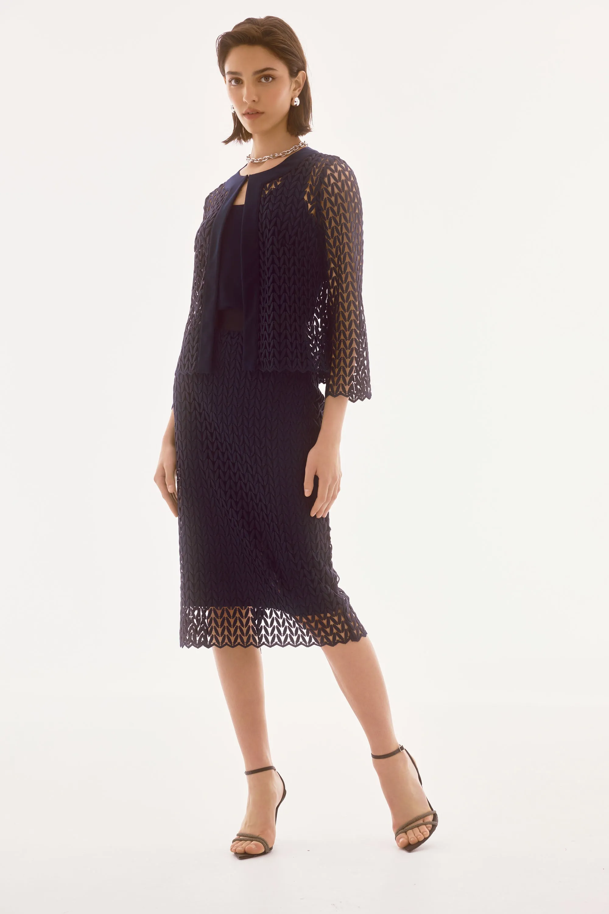 Joseph Ribkoff Midnight Blue Guipure Lace Pencil Skirt Style 251755