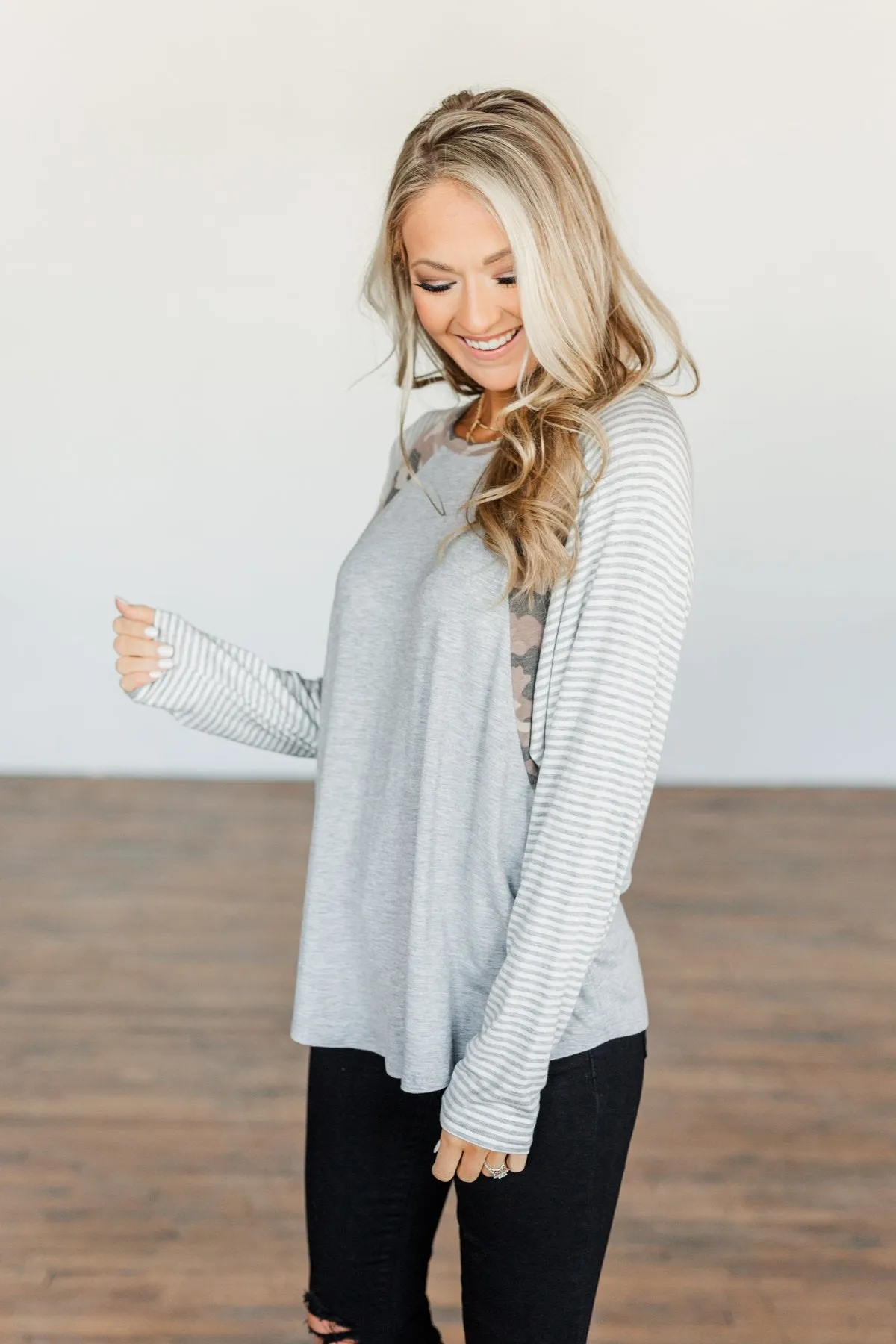 Just Around The Bend Color Block Top- Grey & Camo