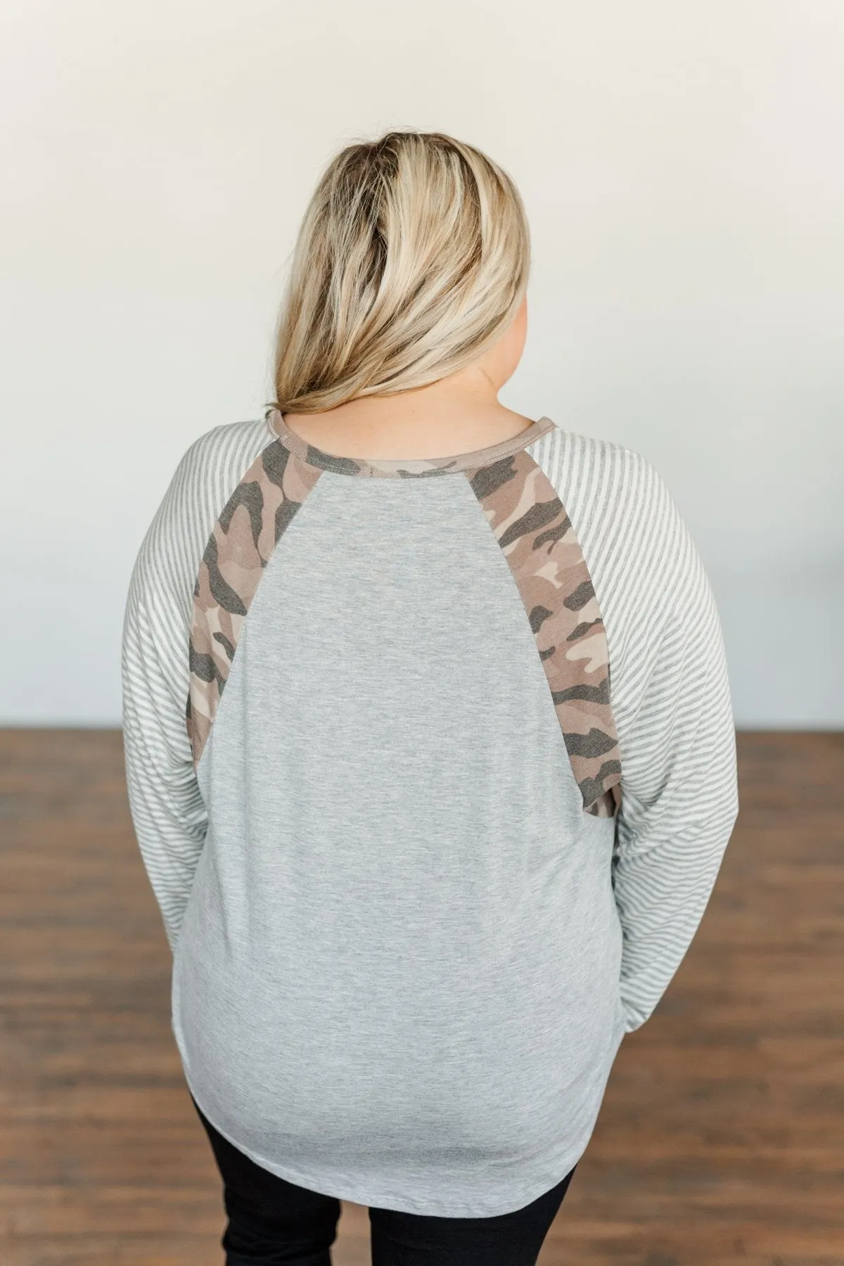 Just Around The Bend Color Block Top- Grey & Camo