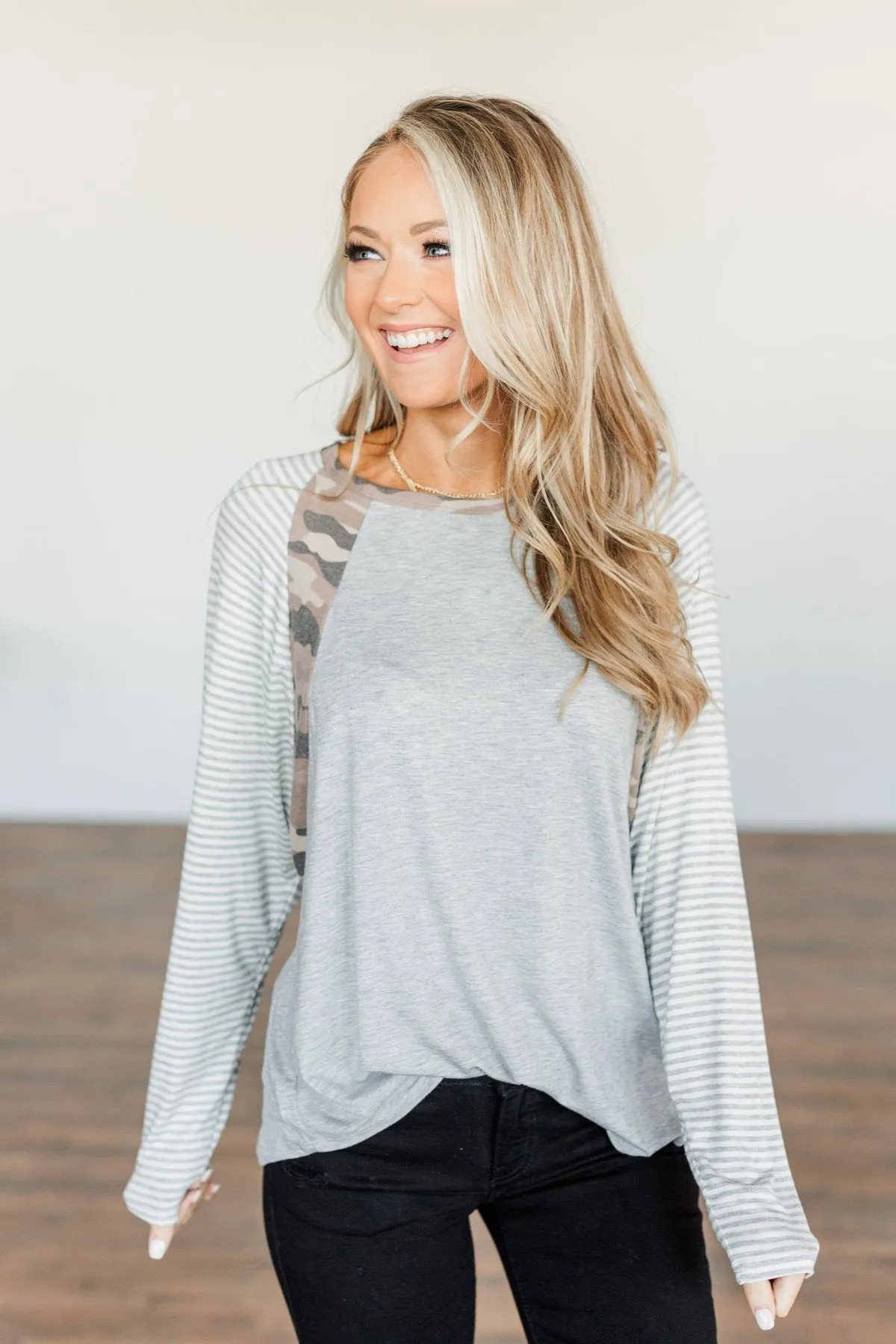 Just Around The Bend Color Block Top- Grey & Camo