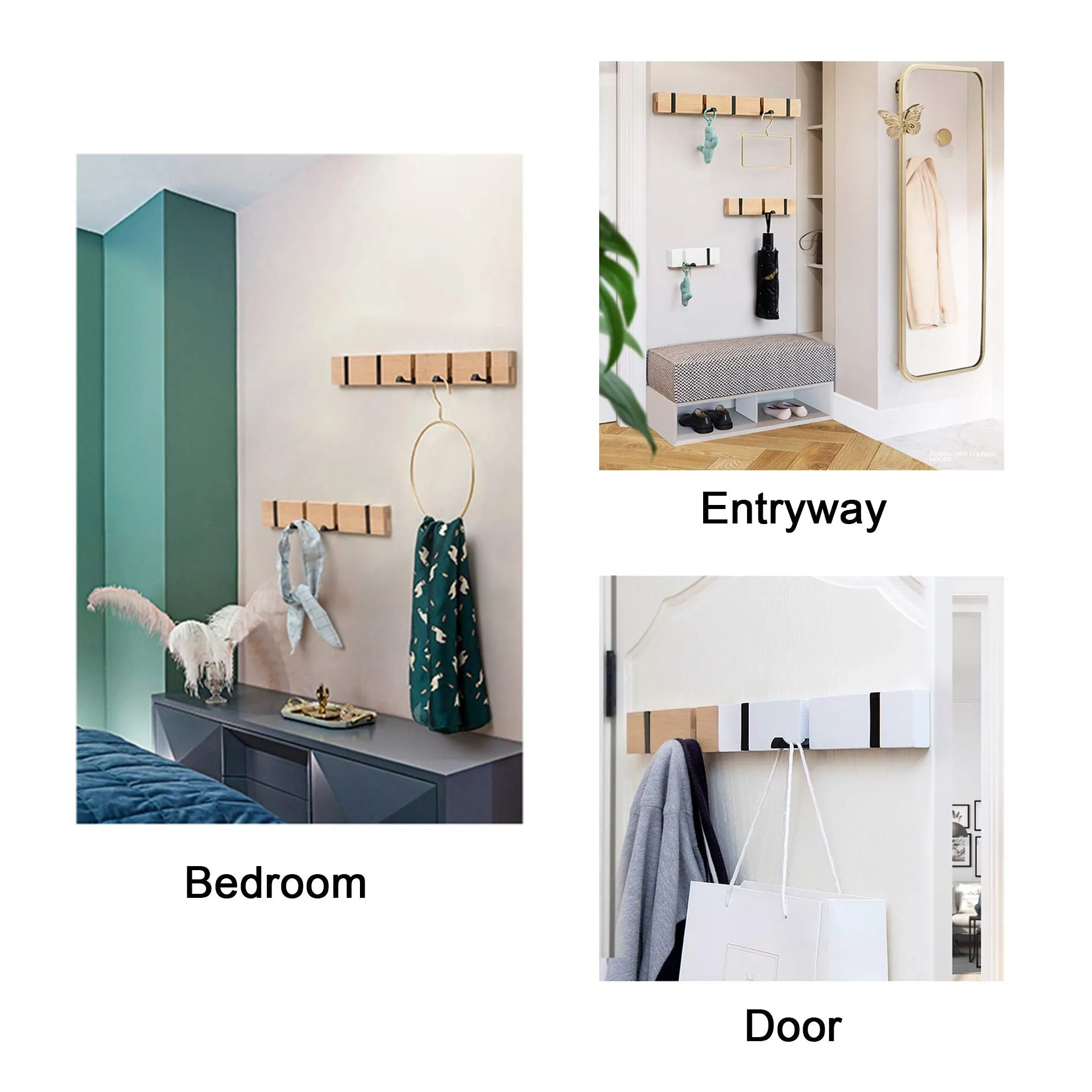 KYSMOTIC Modern Wood Coat Rack - 2 Pack - Wall Mounted - 4 Folding Hooks – Modern, Sleek Space-Saving - for Small Space