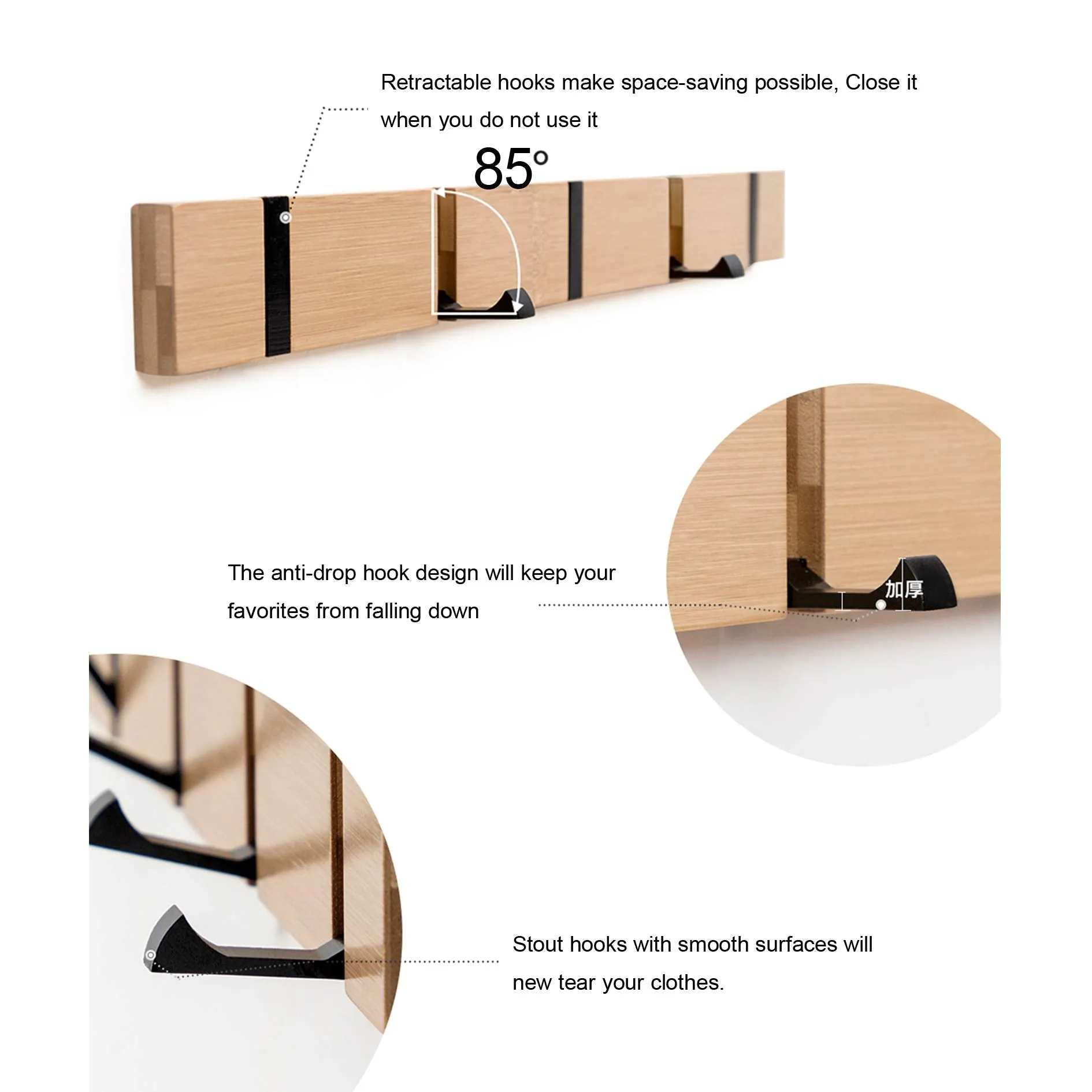 KYSMOTIC Modern Wood Coat Rack - 2 Pack - Wall Mounted - 4 Folding Hooks – Modern, Sleek Space-Saving - for Small Space