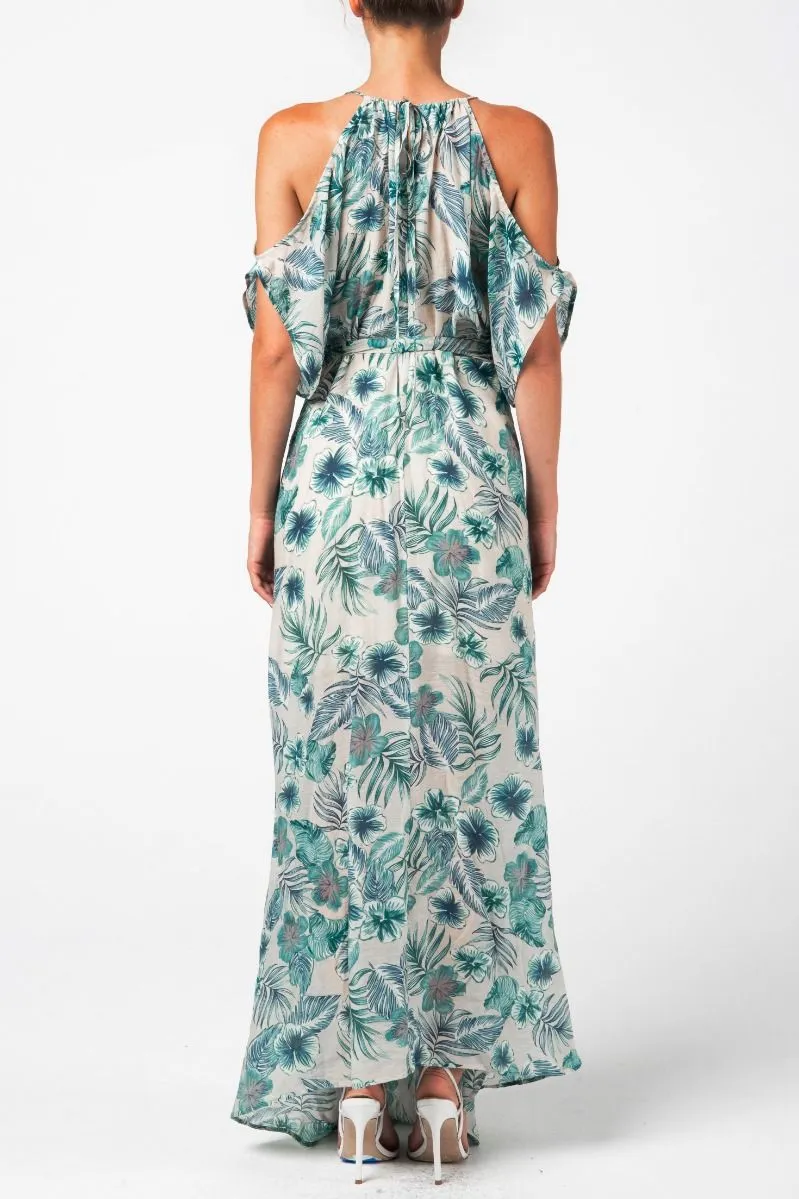 Ladies Tropical Floral Print Cold Shoulder Wrap Maxi Dress