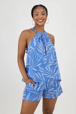 Lanai Leaf Ruched Halter Top - Blue