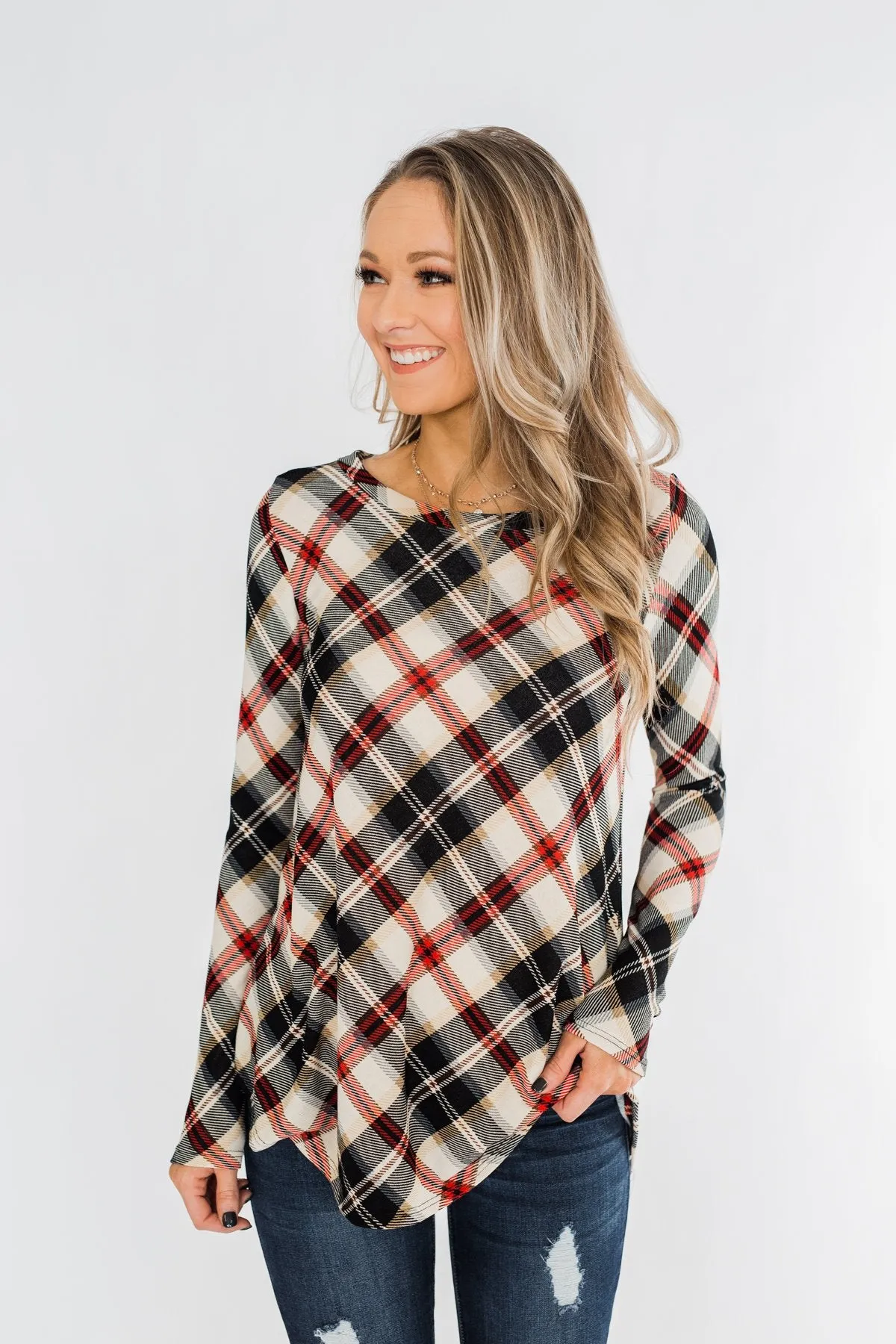Meet Me Under The Mistletoe Plaid Top- Cream, Black, & Red