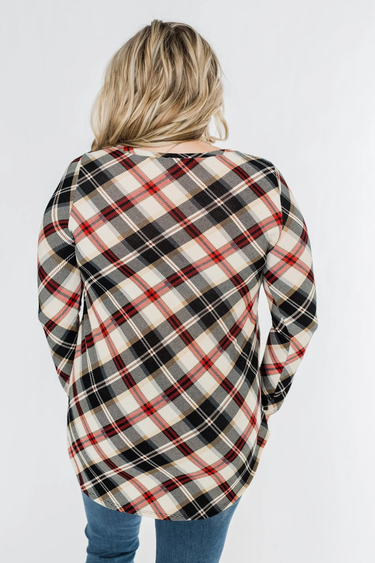 Meet Me Under The Mistletoe Plaid Top- Cream, Black, & Red