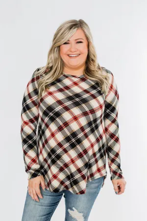 Meet Me Under The Mistletoe Plaid Top- Cream, Black, & Red