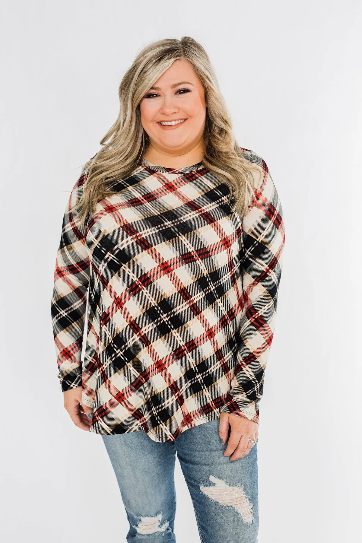 Meet Me Under The Mistletoe Plaid Top- Cream, Black, & Red
