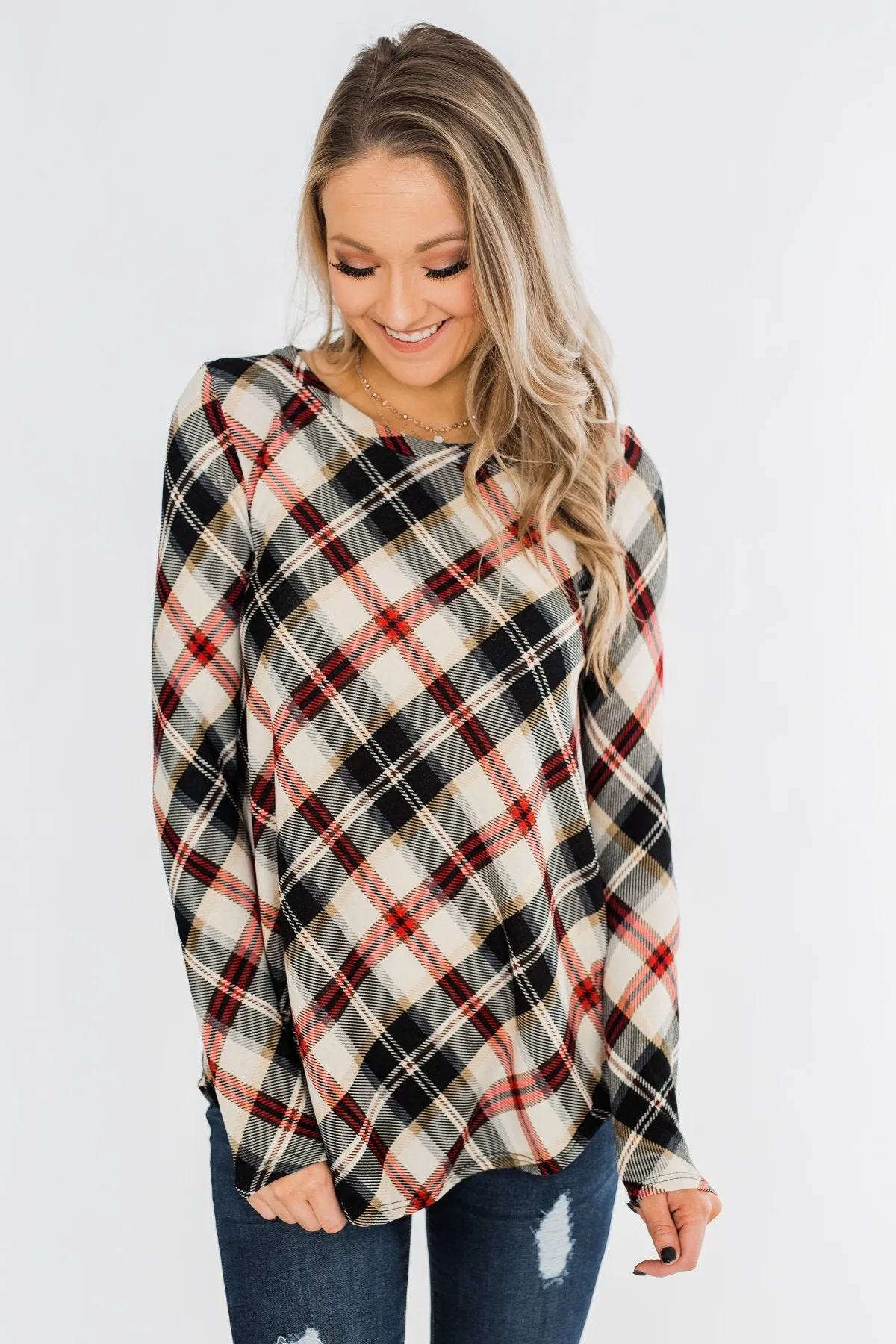 Meet Me Under The Mistletoe Plaid Top- Cream, Black, & Red
