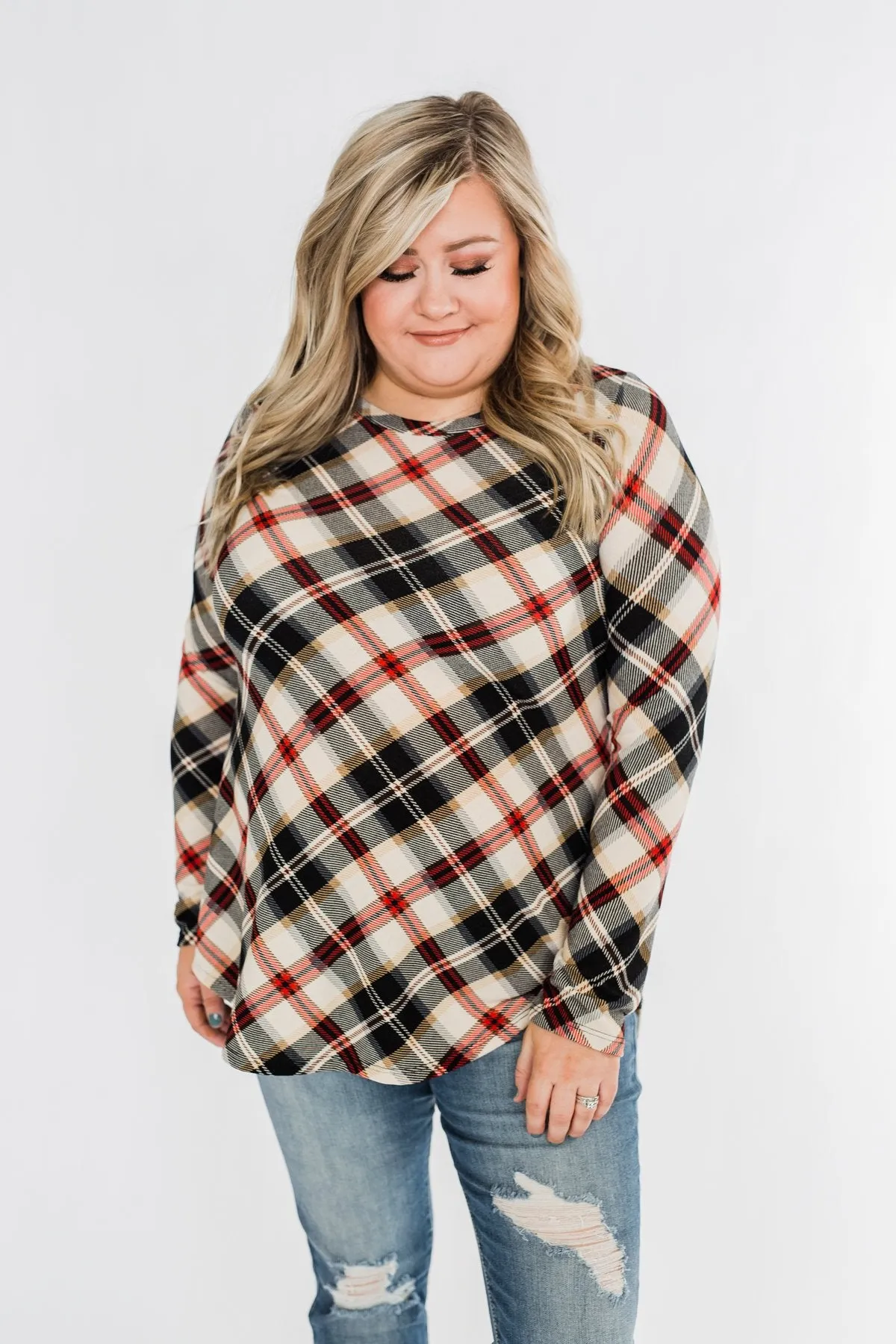 Meet Me Under The Mistletoe Plaid Top- Cream, Black, & Red