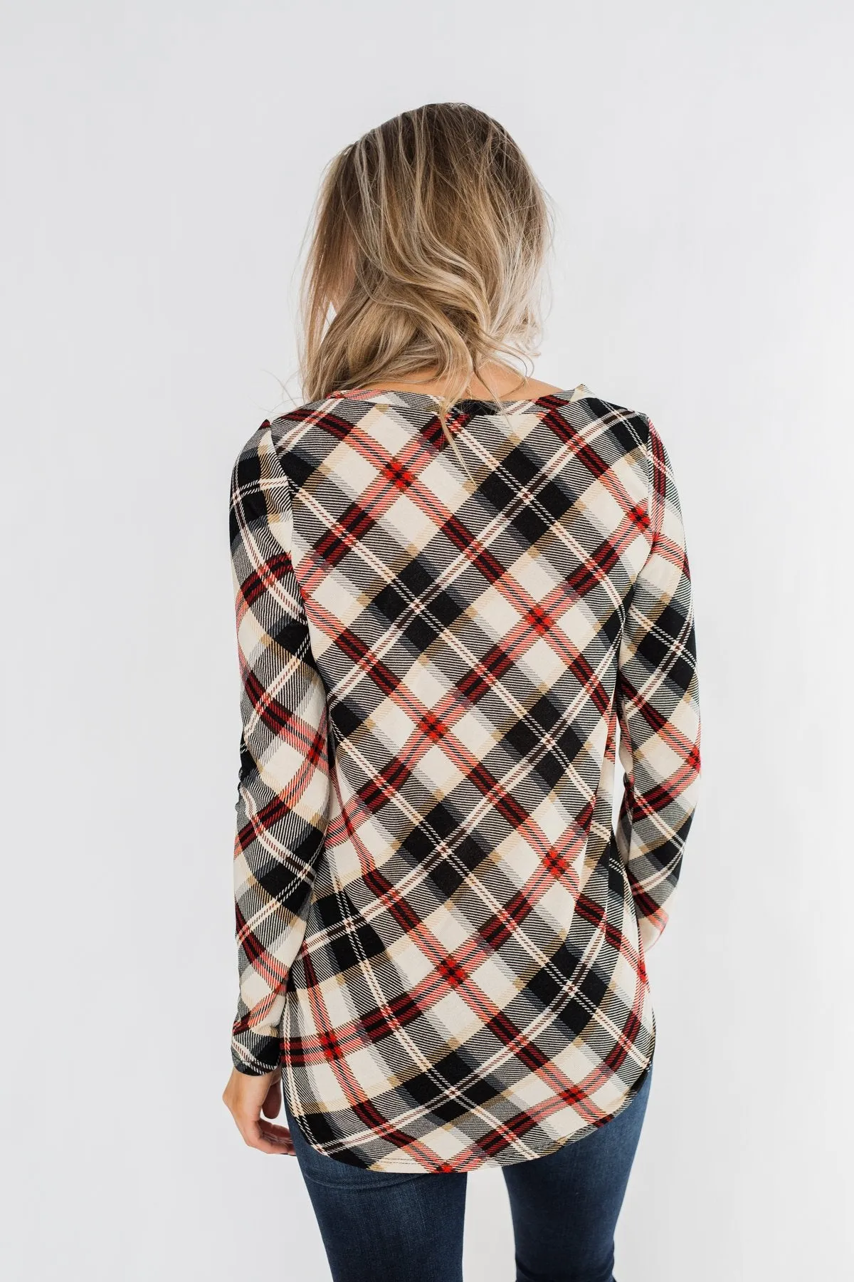 Meet Me Under The Mistletoe Plaid Top- Cream, Black, & Red
