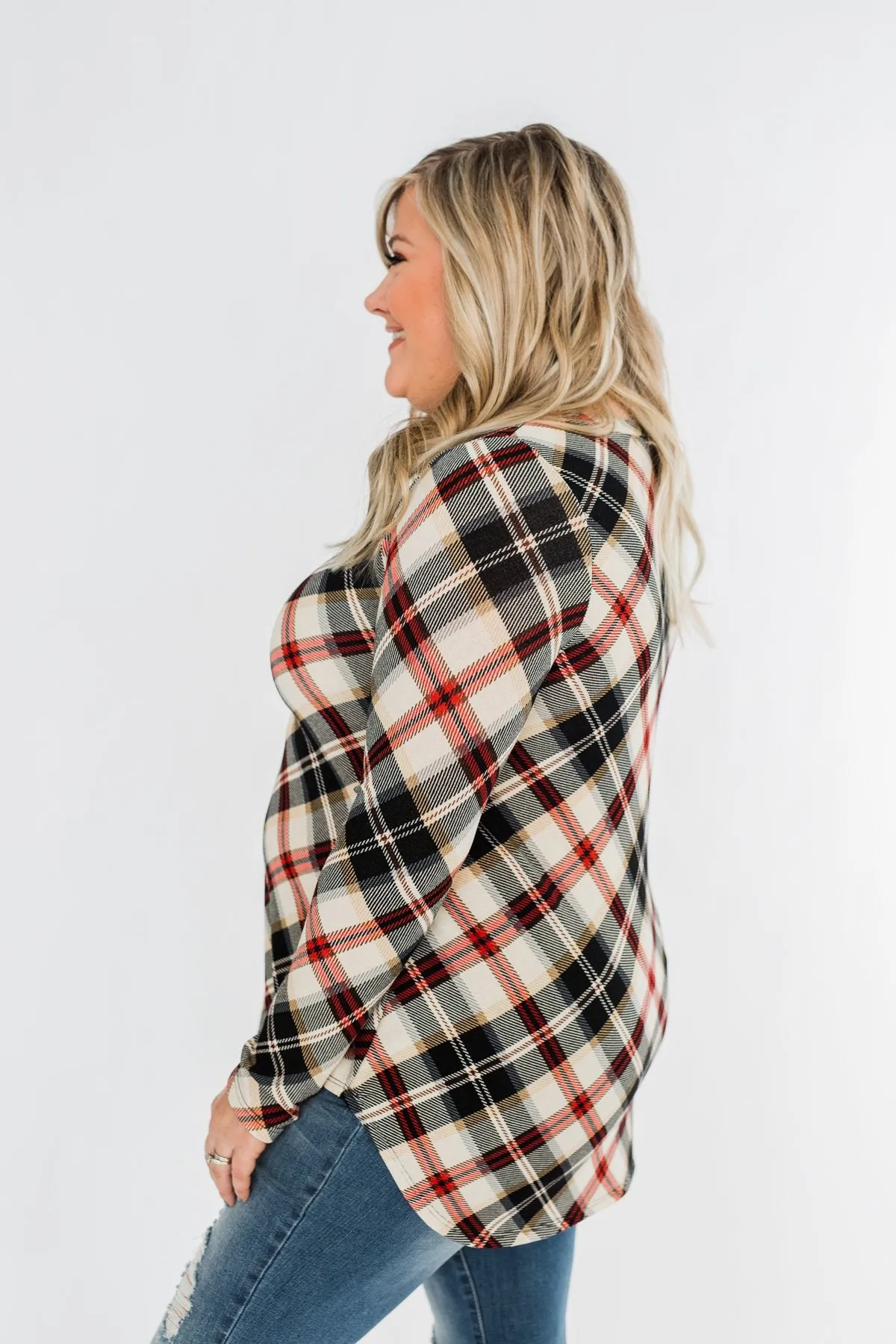 Meet Me Under The Mistletoe Plaid Top- Cream, Black, & Red
