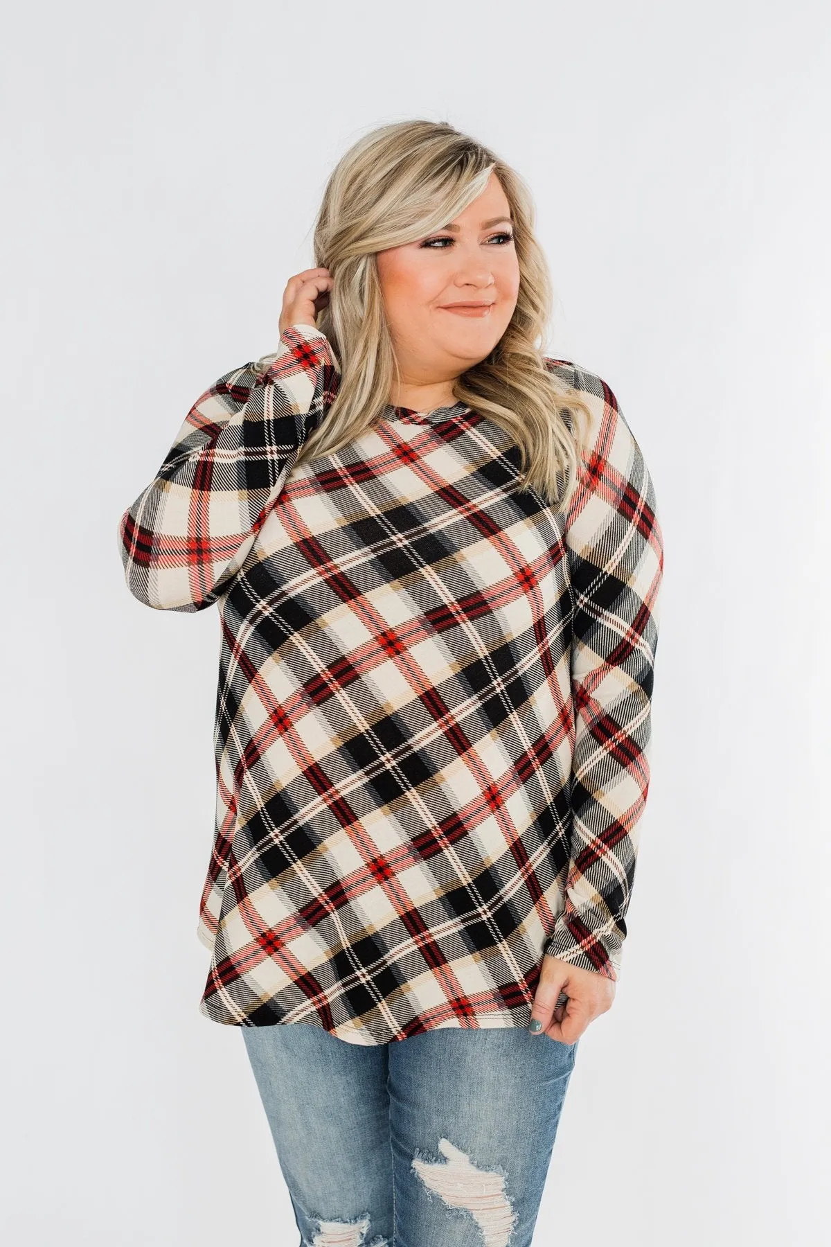 Meet Me Under The Mistletoe Plaid Top- Cream, Black, & Red