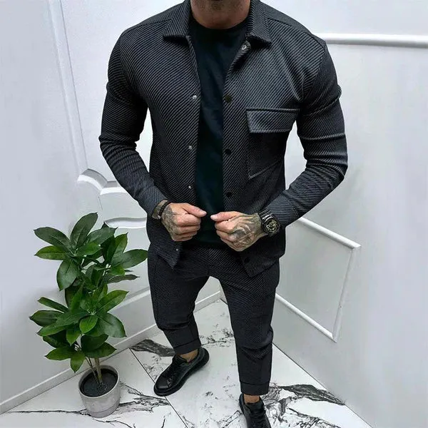MEN'S SOLID COLOR TWILL JACKET AND CASUAL PANTS TWO-PIECE SUIT
