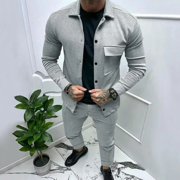 MEN'S SOLID COLOR TWILL JACKET AND CASUAL PANTS TWO-PIECE SUIT