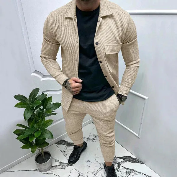 MEN'S SOLID COLOR TWILL JACKET AND CASUAL PANTS TWO-PIECE SUIT