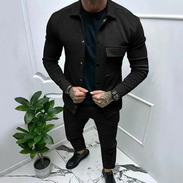 MEN'S SOLID COLOR TWILL JACKET AND CASUAL PANTS TWO-PIECE SUIT