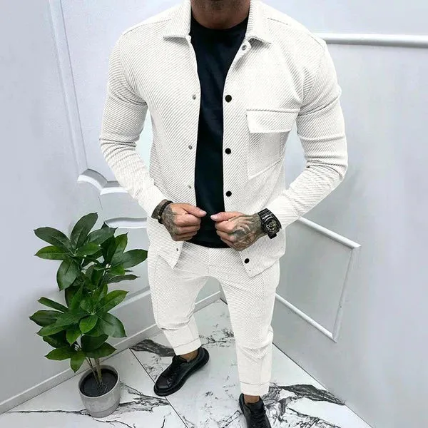 MEN'S SOLID COLOR TWILL JACKET AND CASUAL PANTS TWO-PIECE SUIT