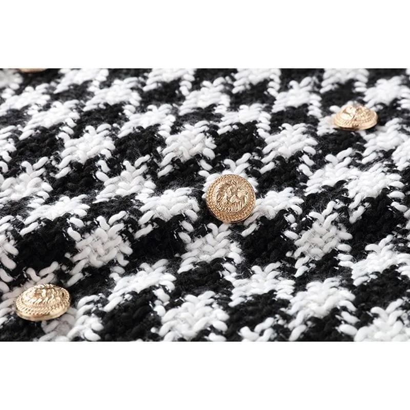 Metal Lion Buttons Embellished Houndstooth Tweed Mini Skirt
