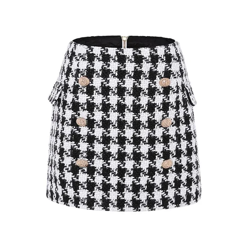 Metal Lion Buttons Embellished Houndstooth Tweed Mini Skirt