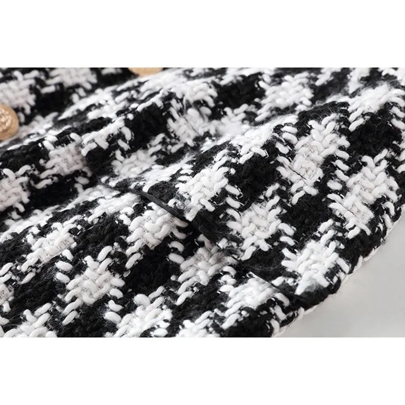 Metal Lion Buttons Embellished Houndstooth Tweed Mini Skirt