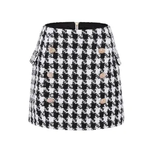 Metal Lion Buttons Embellished Houndstooth Tweed Mini Skirt