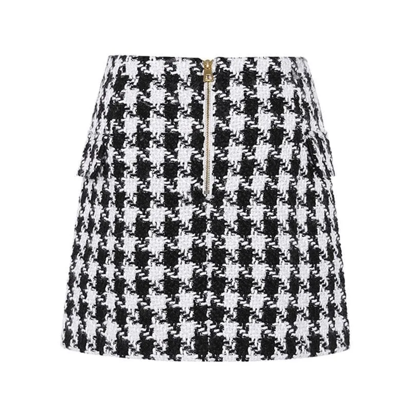 Metal Lion Buttons Embellished Houndstooth Tweed Mini Skirt
