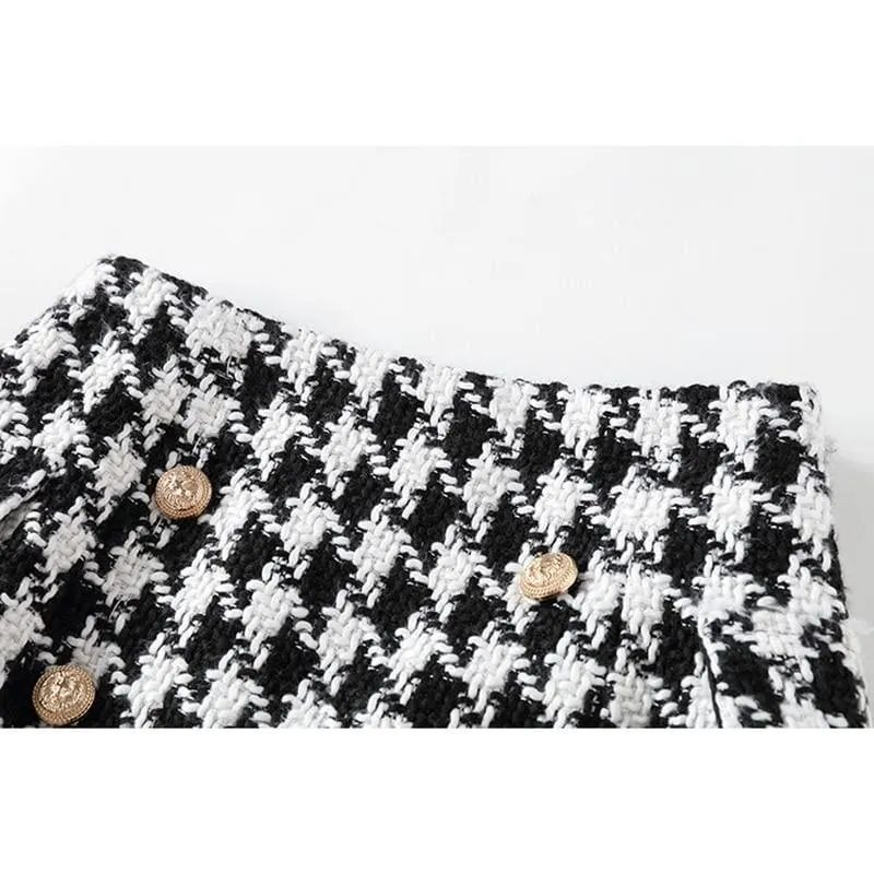 Metal Lion Buttons Embellished Houndstooth Tweed Mini Skirt