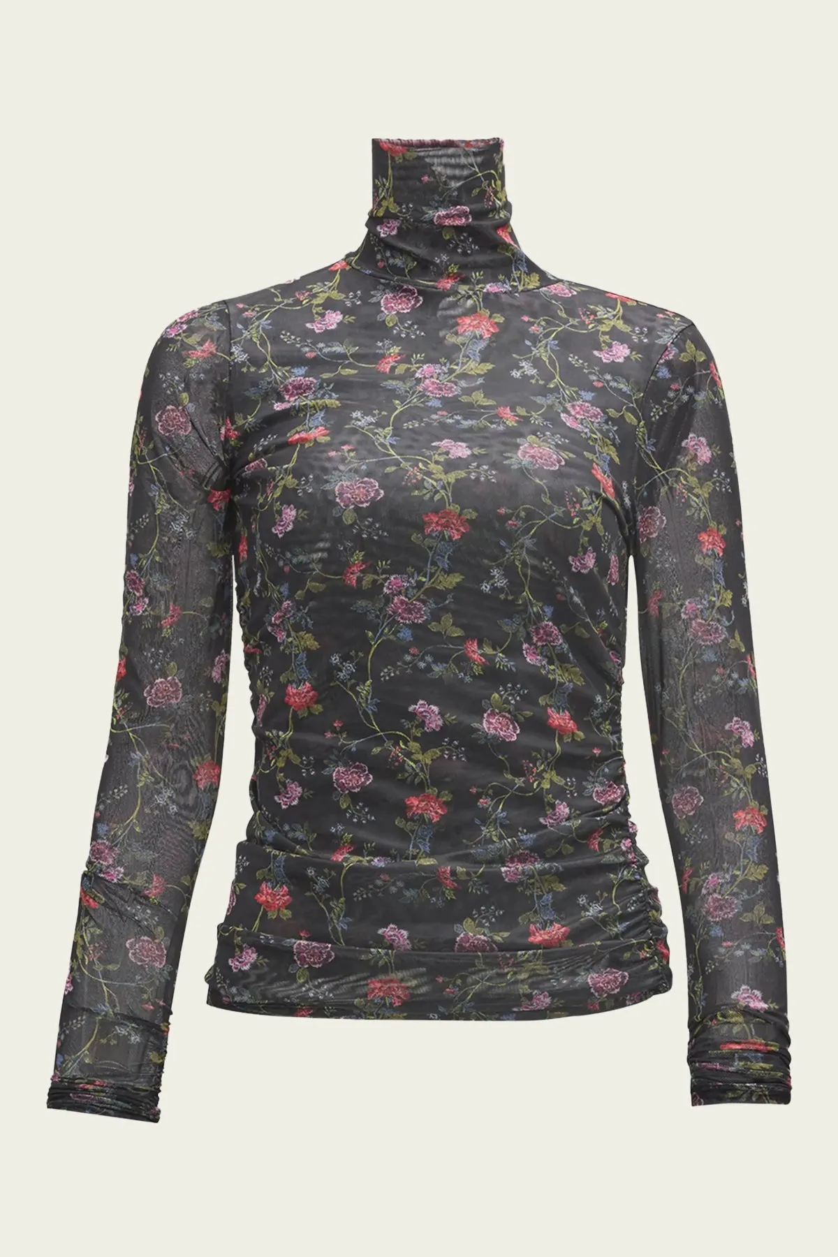 Mini Hana Floral Shirred Mesh Turtleneck in Black