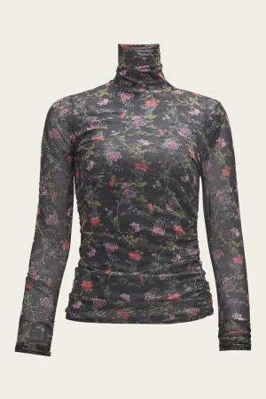 Mini Hana Floral Shirred Mesh Turtleneck in Black