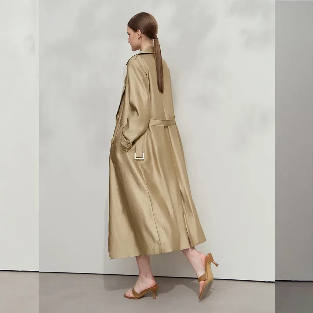 Minimalist Wide-Waist Trench Coat for Women – 2025 Spring/Summer Long Double-Breasted Overcoat with Turn-Down Collar