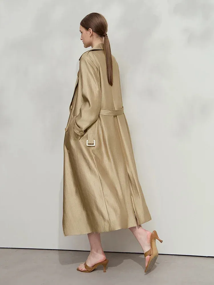 Minimalist Wide-Waist Trench Coat for Women – 2025 Spring/Summer Long Double-Breasted Overcoat with Turn-Down Collar