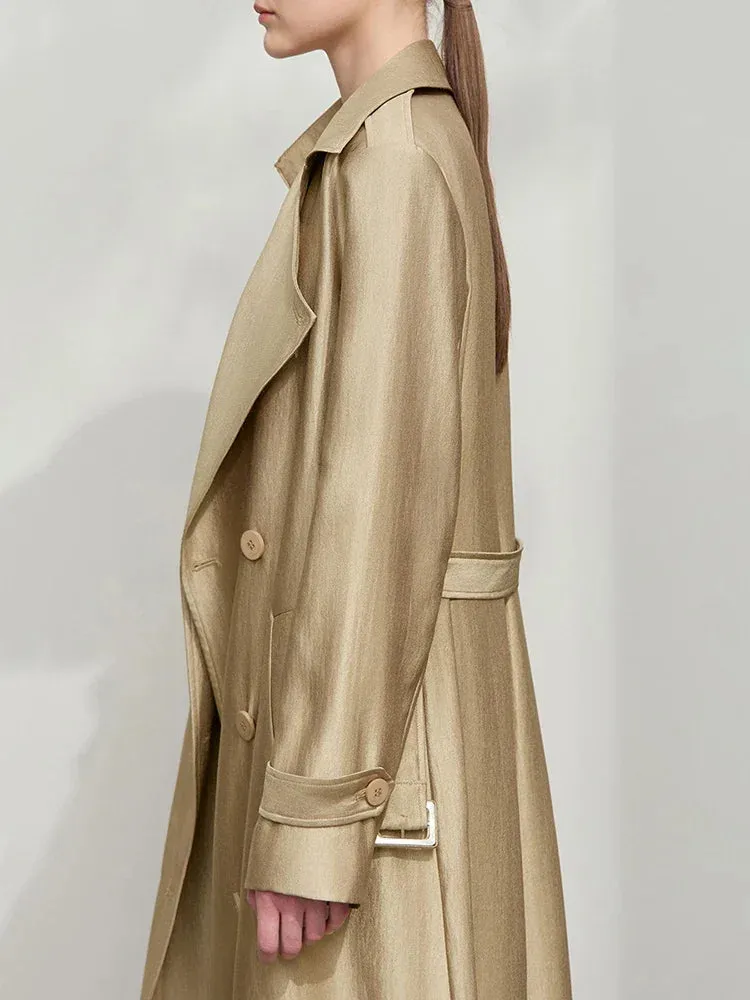 Minimalist Wide-Waist Trench Coat for Women – 2025 Spring/Summer Long Double-Breasted Overcoat with Turn-Down Collar
