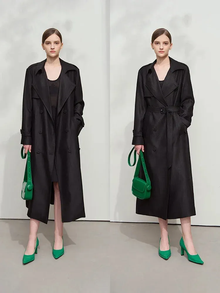 Minimalist Wide-Waist Trench Coat for Women – 2025 Spring/Summer Long Double-Breasted Overcoat with Turn-Down Collar